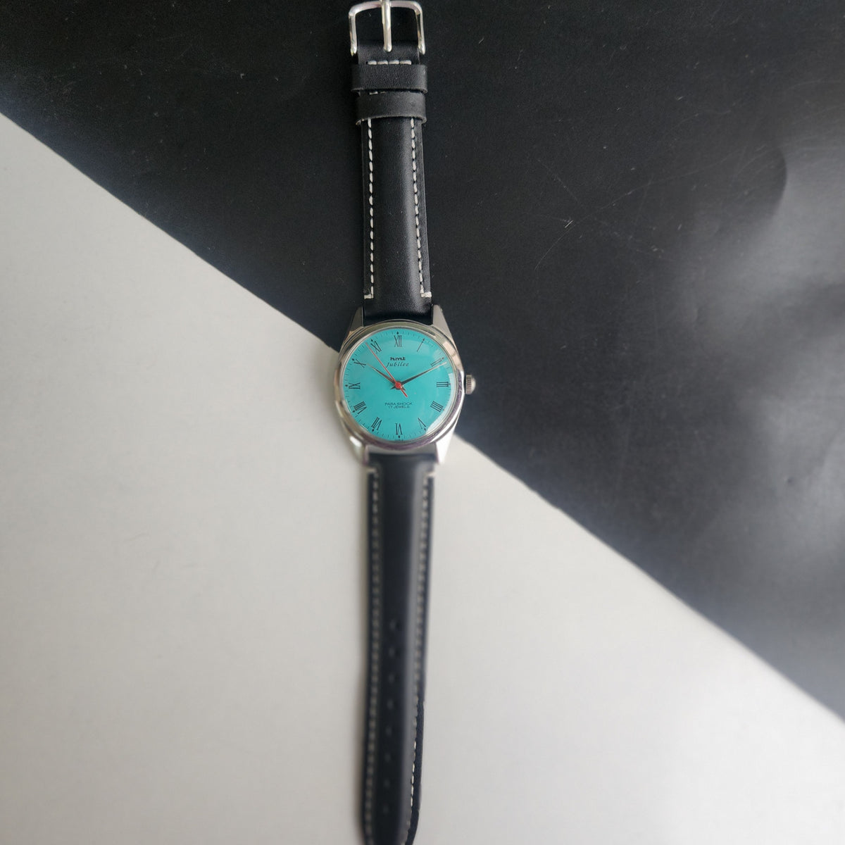 Vintage MOD HMT Jubilee Hand Winding 17 Jewels Tiffany Blue Face 35mm Silver Case Black Leather Strap Men's Wrist Watch G83