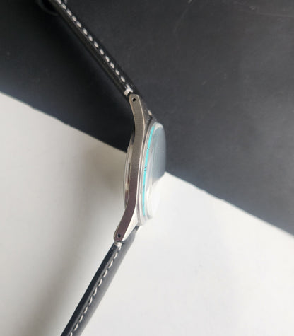 Vintage HMT Jubilee Hand Winding 17 Jewels Tiffany Blue Face 35mm Silver Case Black Leather Strap Men's Wrist Watch G83