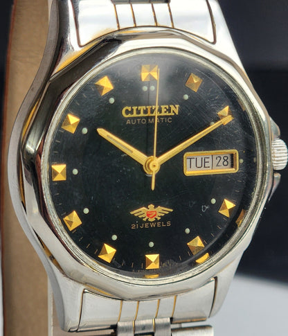 Vintage 1990 Original Citizen Automatic 8200 Black Face 21 Jewels Day-Date Japanese Men's Wrist Watch ET08