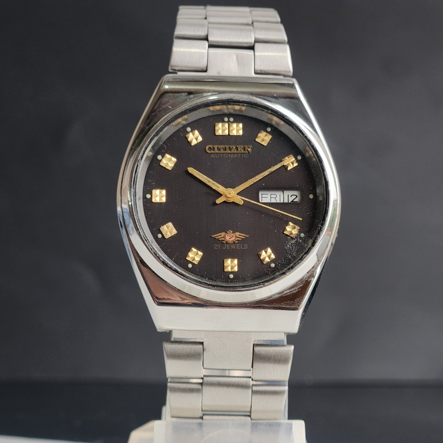 Vintage 1987 Original Citizen Automatic 8200 Black Face 21 Jewels Day-Date Japanese Men's Wrist Watch ET11