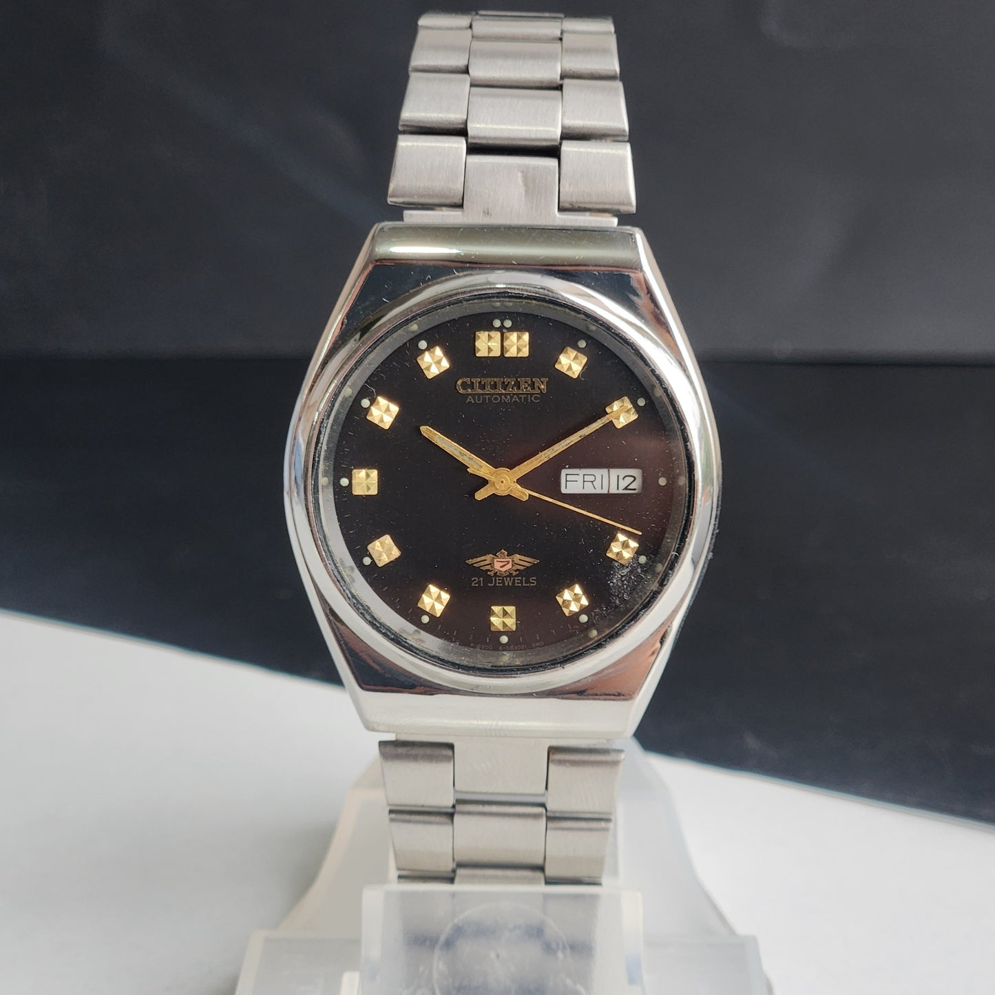 Vintage 1987 Original Citizen Automatic 8200 Black Face 21 Jewels Day-Date Japanese Men's Wrist Watch ET11