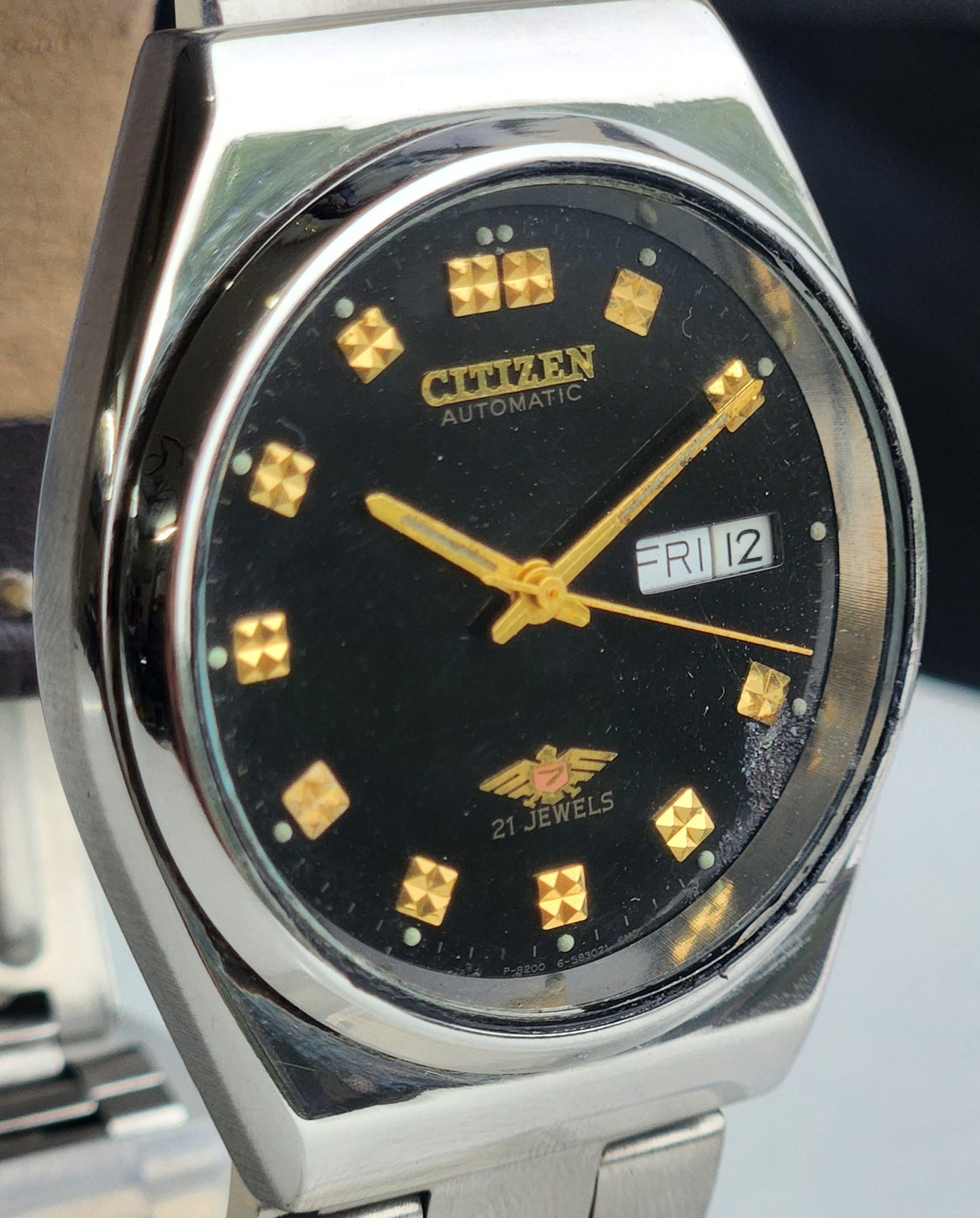 Vintage 1987 Original Citizen Automatic 8200 Black Face 21 Jewels Day-Date Japanese Men's Wrist Watch ET11
