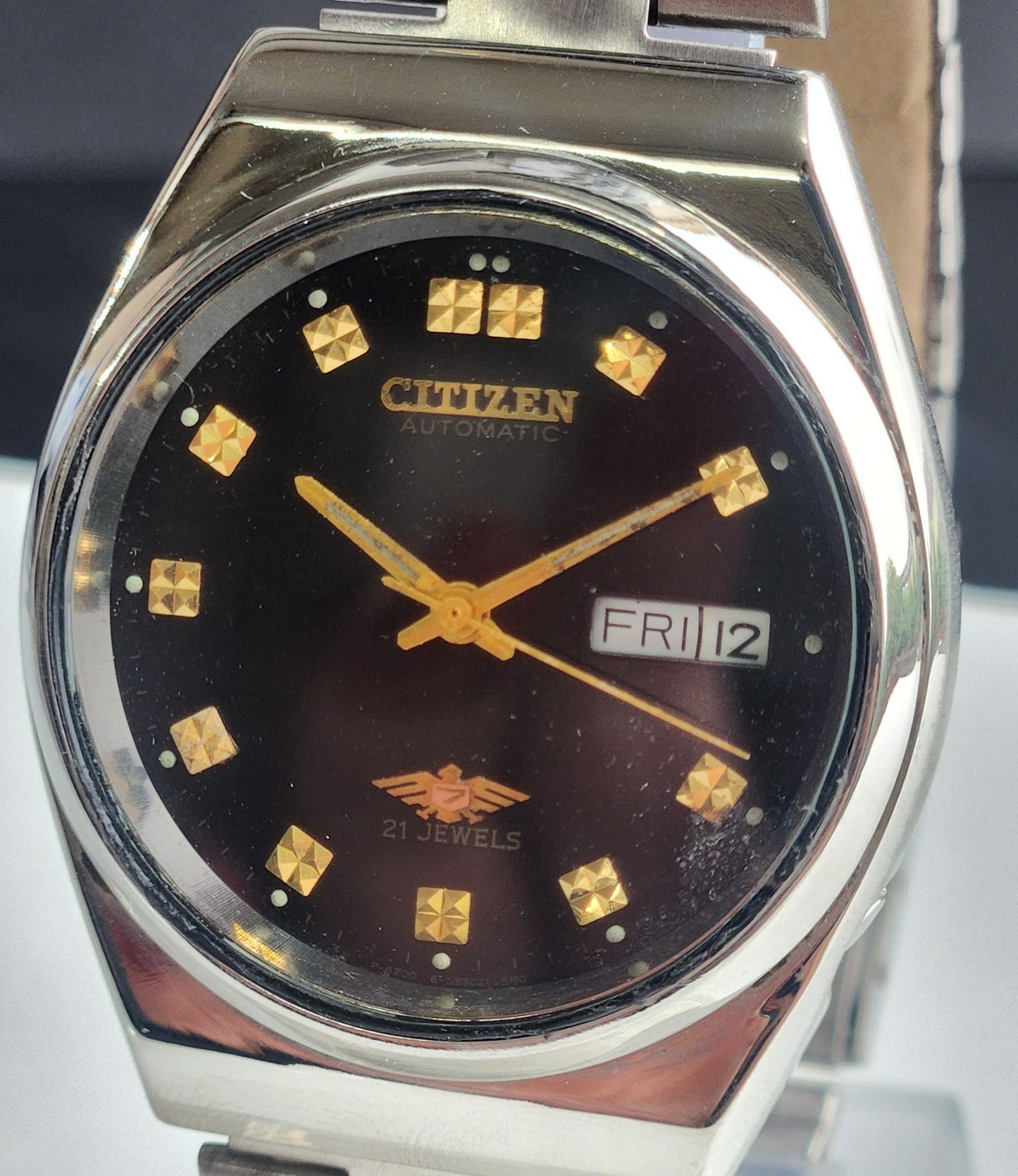 Vintage 1987 Original Citizen Automatic 8200 Black Face 21 Jewels Day-Date Japanese Men's Wrist Watch ET11