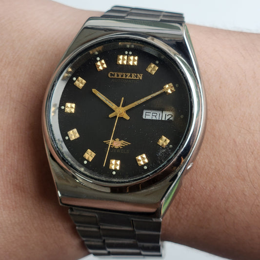 Vintage 1987 Original Citizen Automatic 8200 Black Face 21 Jewels Day-Date Japanese Men's Wrist Watch ET11