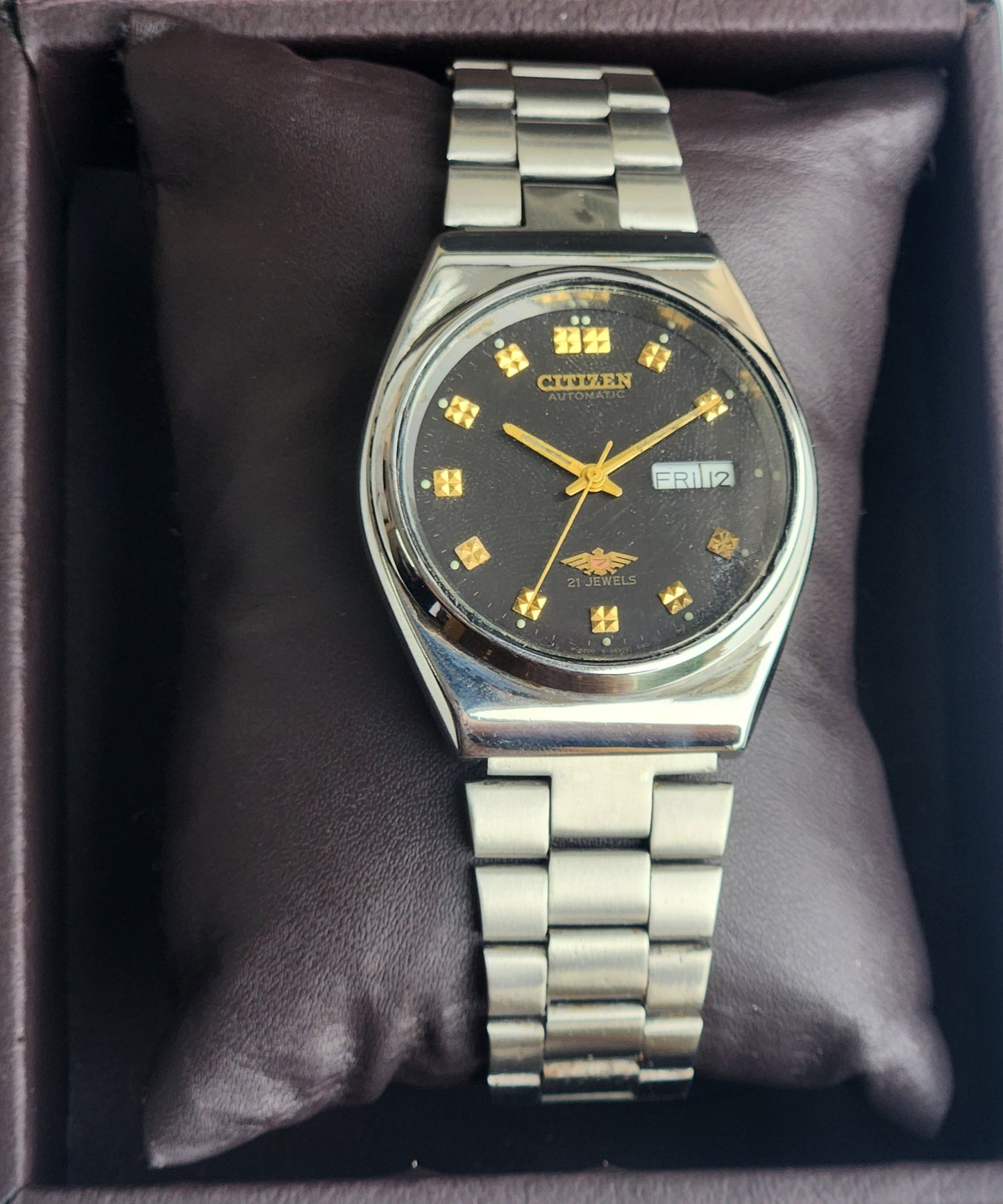 Vintage 1987 Original Citizen Automatic 8200 Black Face 21 Jewels Day-Date Japanese Men's Wrist Watch ET11