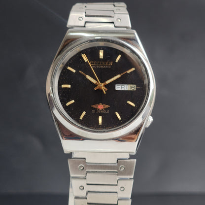 Vintage 1989 Original Citizen Automatic 8200 Black Face 21 Jewels Day-Date Japanese Men's Wrist Watch ET13