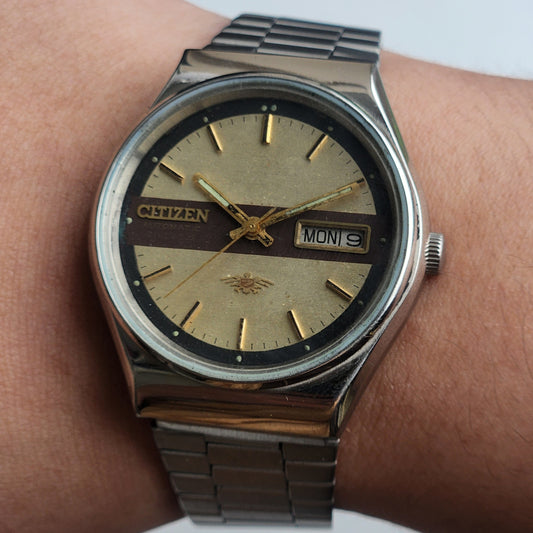 Vintage 1990 Original Citizen Automatic 8200 Golden Face 21 Jewels Day-Date Japanese Men's Wrist Watch ET14