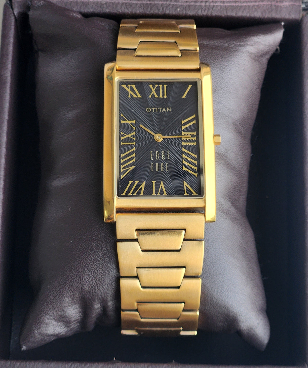 Original TITAN EDGE 1514YAA Rectangular Black Face 28MM Case Men's Watch H07