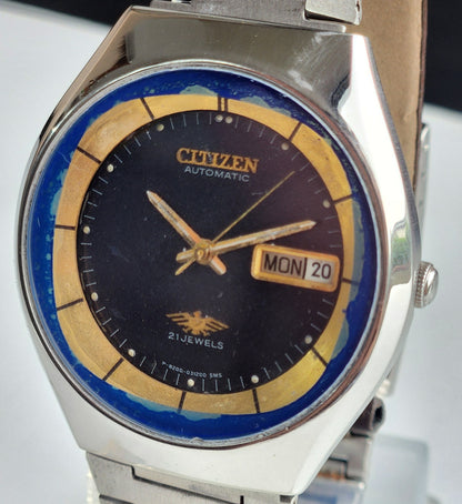 Vintage 1991 Original Citizen Automatic 8200 Blue Face 21 Jewels Day-Date Japanese Men's Wrist Watch ET17