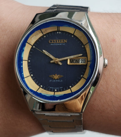 Vintage 1991 Original Citizen Automatic 8200 Blue Face 21 Jewels Day-Date Japanese Men's Wrist Watch ET17