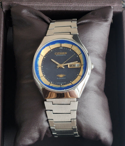 Vintage 1991 Original Citizen Automatic 8200 Blue Face 21 Jewels Day-Date Japanese Men's Wrist Watch ET17