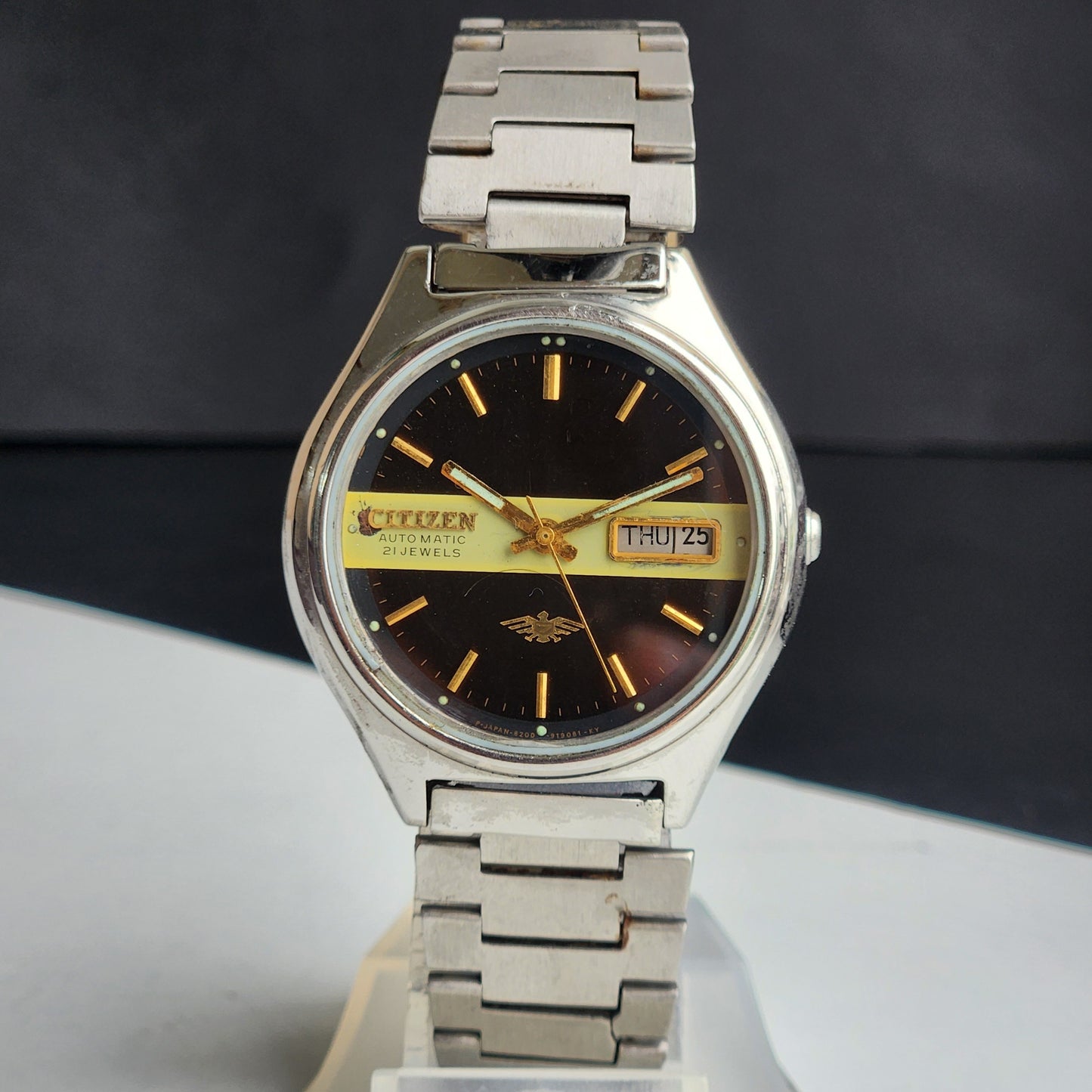 Vintage 1989 Original Citizen Automatic 8200 Black Face 21 Jewels Day-Date Japanese Men's Wrist Watch ET19