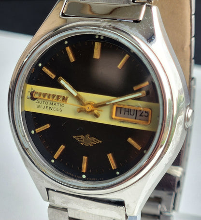Vintage 1989 Original Citizen Automatic 8200 Black Face 21 Jewels Day-Date Japanese Men's Wrist Watch ET19