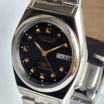 Vintage 1987 Original Citizen Automatic 8200 Black Face 21 Jewels Day-Date Japanese Men's Wrist Watch ET20