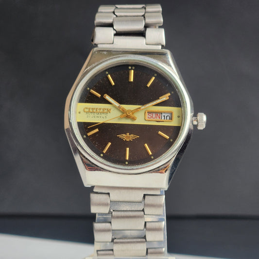 Vintage 1990 Original Citizen Automatic 8200 Black Face 21 Jewels Day-Date Japanese Men's Wrist Watch ET23