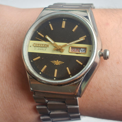 Vintage 1990 Original Citizen Automatic 8200 Black Face 21 Jewels Day-Date Japanese Men's Wrist Watch ET23