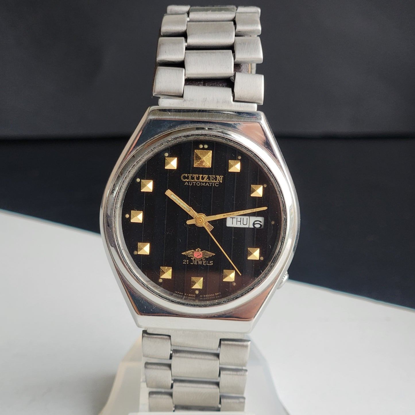 Vintage 1995 Original Citizen Automatic 8200 Black Face 21 Jewels Day-Date Japanese Men's Wrist Watch ET30