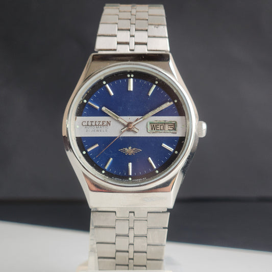 Vintage 1980 Original Citizen Automatic 8200 Blue Face 21 Jewels Day-Date Japanese Men's Wrist Watch ET31
