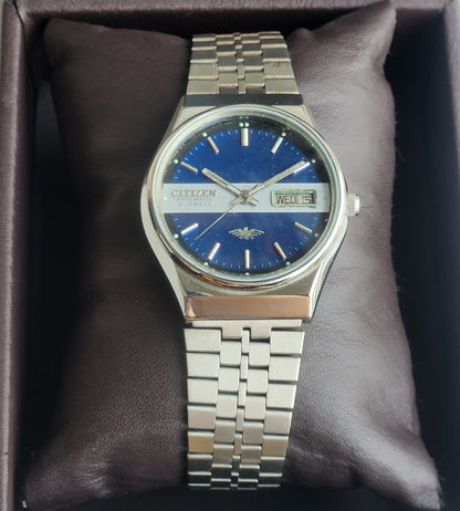 Vintage 1980 Original Citizen Automatic 8200 Blue Face 21 Jewels Day-Date Japanese Men's Wrist Watch ET31