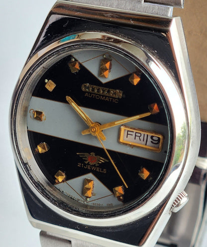 Vintage 1988 Original Citizen Automatic 8200 Black/Grey Face 21 Jewels Day-Date Japanese Men's Wrist Watch ET35