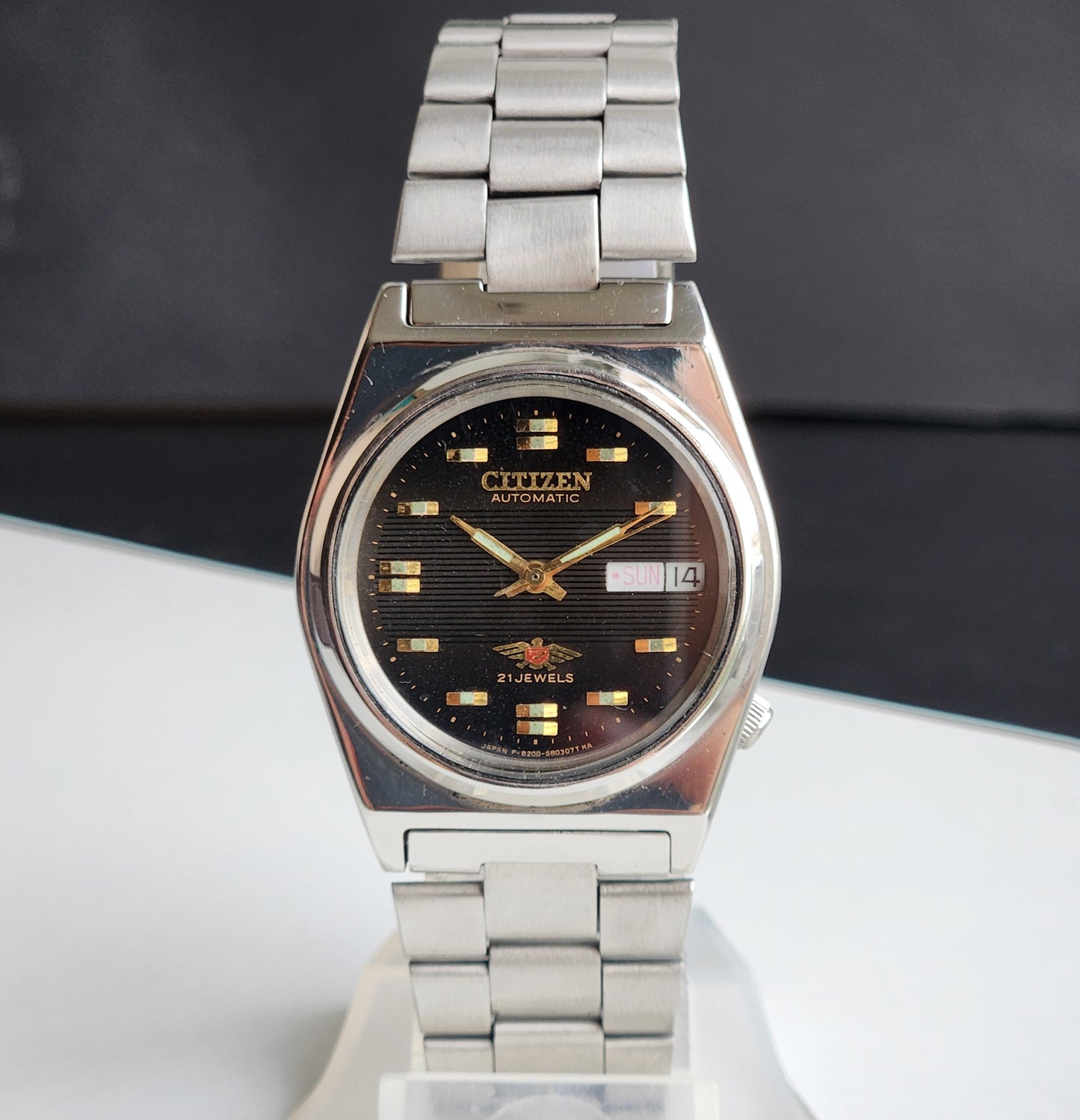 Vintage 1993 Original Citizen Automatic 8200 Black Face 21 Jewels Day-Date Japanese Men's Wrist Watch ET38