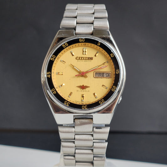 Vintage 1990 Original Citizen Automatic 8200 Golden Face 21 Jewels Day-Date Japanese Men's Wrist Watch ET40