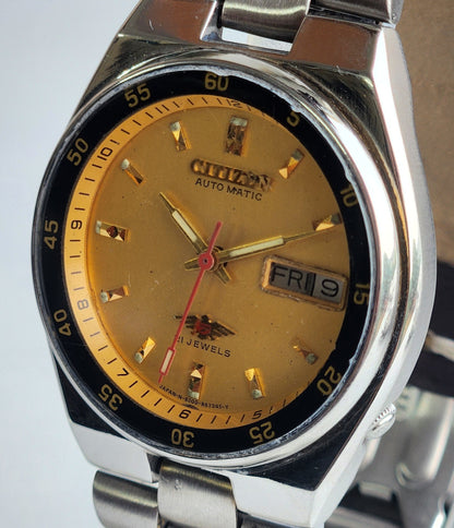 Vintage 1990 Original Citizen Automatic 8200 Golden Face 21 Jewels Day-Date Japanese Men's Wrist Watch ET40