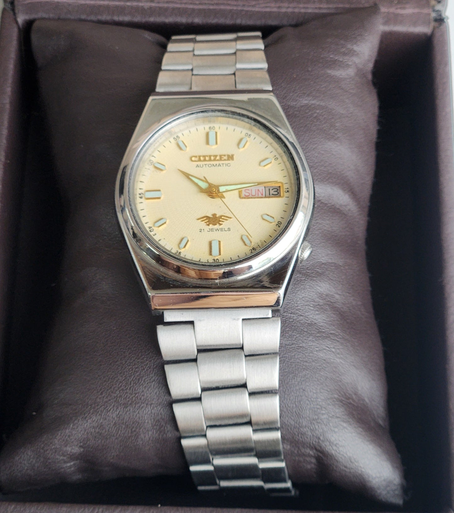 Vintage 1987 Original Citizen Automatic 8200 Yellow Face 21 Jewels Day-Date Japanese Men's Wrist Watch ET41