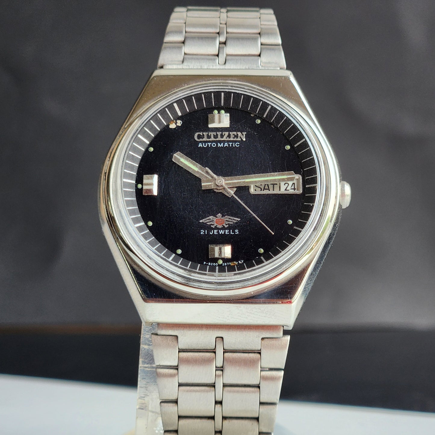 Vintage 1981 Original Citizen Automatic 8200 Black Face 21 Jewels Day-Date Japanese Men's Wrist Watch ET44