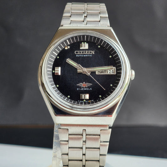 Vintage 1981 Original Citizen Automatic 8200 Black Face 21 Jewels Day-Date Japanese Men's Wrist Watch ET44
