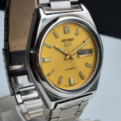 Vintage 1980 Original Seiko 5 Automatic 7009-876A Golden Face 17 Jewels Day-Date Japanese Men's Wrist Watch ET48