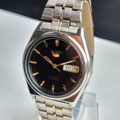 Vintage 1998 Original Seiko 5 Automatic 7S26-3130 Black Face 21 Jewels Day-Date Japanese Men's Wrist Watch ET50