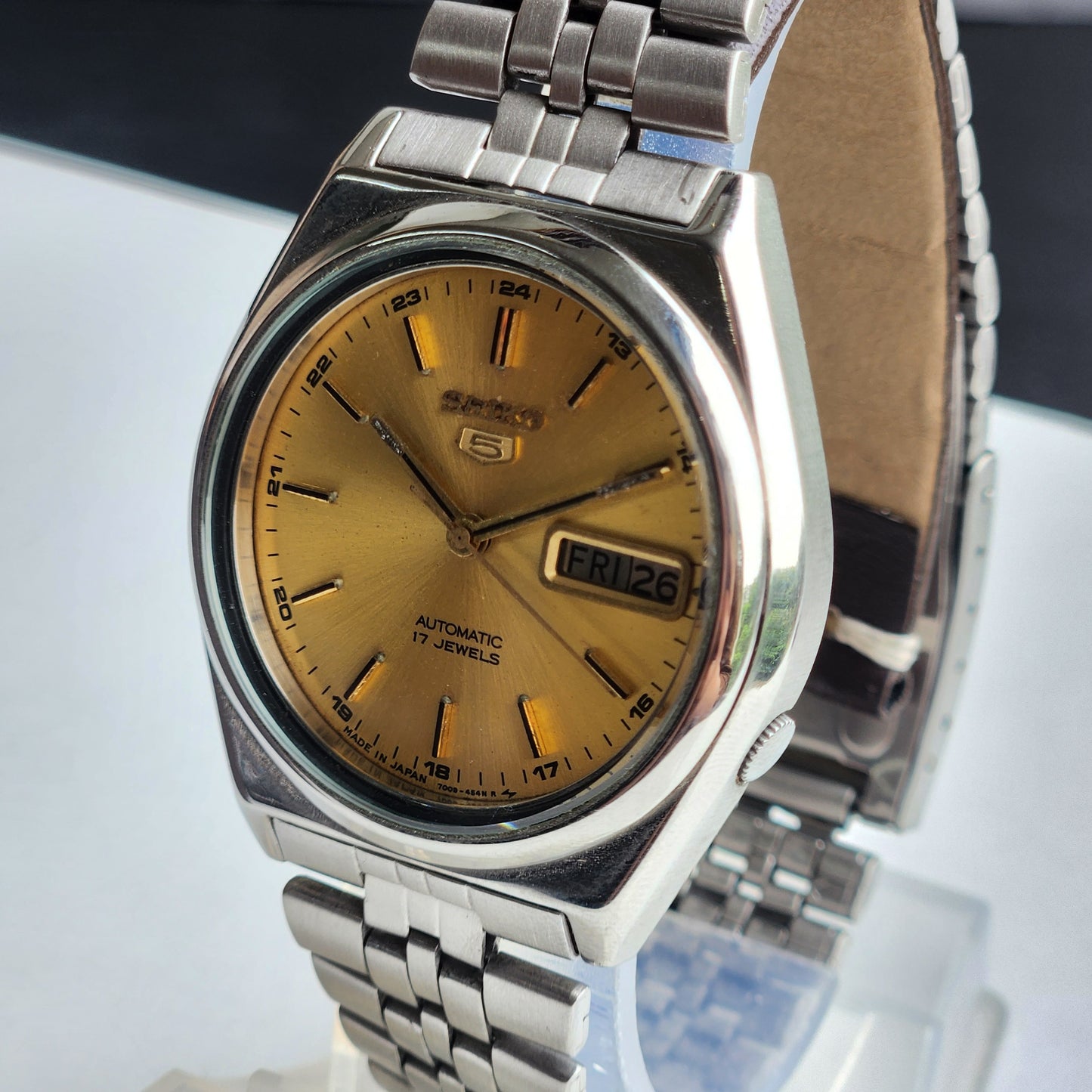Vintage 1982 Original Seiko 5 Automatic 7009-3181 Golden Face 17 Jewels Day-Date Japanese Men's Wrist Watch ET55