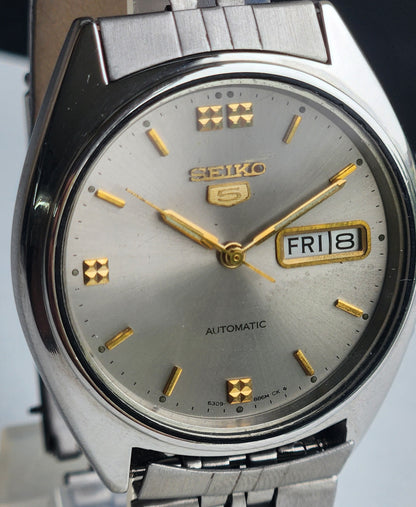 Vintage 1954 Original Seiko 5 Automatic 6309-8840 Silver Face 17 Jewels Day-Date Japanese Men's Wrist Watch ET68