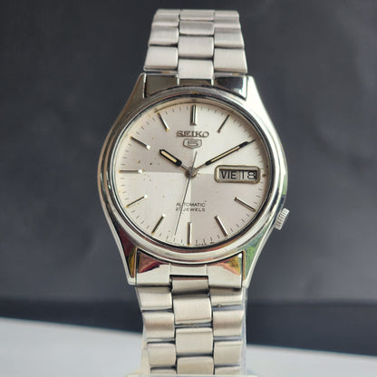 Vintage 1998 Original Seiko 5 Automatic 7S26-3100 White Face 21 Jewels Day-Date Japanese Men's Wrist Watch ET69