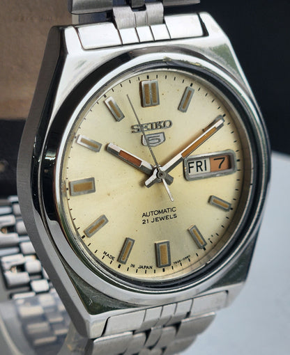 Vintage 1998 Original Seiko 5 Automatic 7S26-3160 Golden Face 21 Jewels Day-Date Japanese Men's Wrist Watch ET80