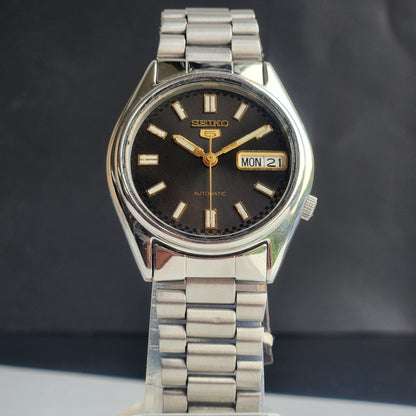 Vintage 1997 Original Seiko 5 Automatic 7S26-6000 Black Face 21 Jewels Day-Date Japanese Men's Wrist Watch ET85