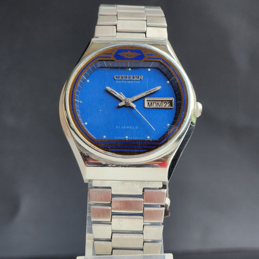 Vintage 1981 Original Citizen Automatic 8200 Blue Face 21 Jewels Day-Date Japanese Men's Wrist Watch EG150