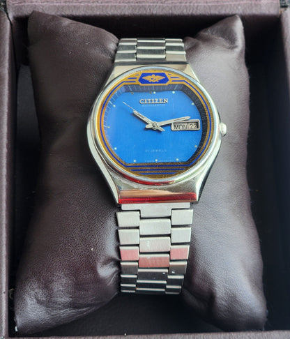 Vintage 1981 Original Citizen Automatic 8200 Blue Face 21 Jewels Day-Date Japanese Men's Wrist Watch EG150