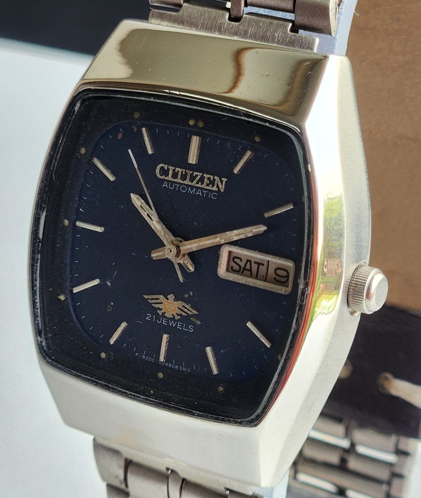 Vintage 1982 Original Citizen Automatic 8200 Blaue Face 21 Jewels Day-Date Japanese Men's Wrist Watch EG152