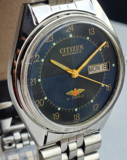 Vintage 1975 Original Citizen Automatic 8200 Blue Face 21 Jewels Day-Date Japanese Men's Wrist Watch EG155