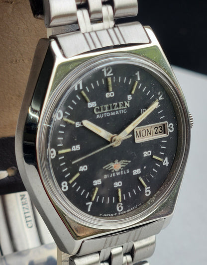 Vintage 1982 Original Citizen Automatic 8200 Black Face 21 Jewels Day-Date Japanese Men's Wrist Watch EG175