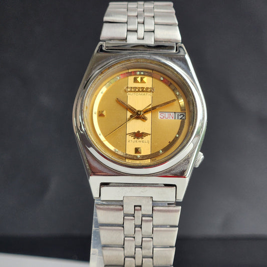 Vintage 1980 Original Citizen Automatic 8200 Golden Face 21 Jewels Day-Date Japanese Men's Wrist Watch EG182