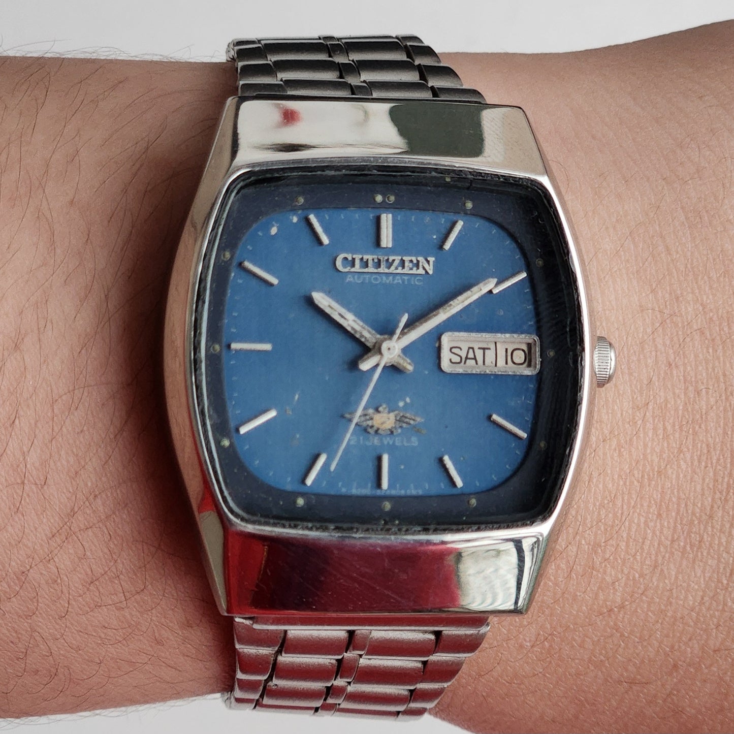 Vintage 1982 Original Citizen Automatic 8200 Blaue Face 21 Jewels Day-Date Japanese Men's Wrist Watch EG152