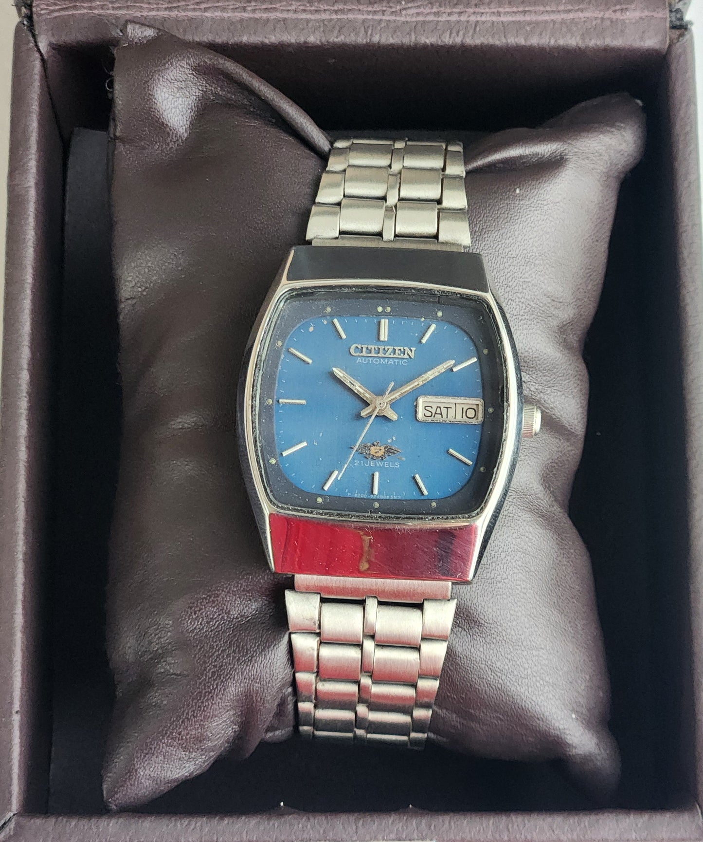 Vintage 1982 Original Citizen Automatic 8200 Blaue Face 21 Jewels Day-Date Japanese Men's Wrist Watch EG152