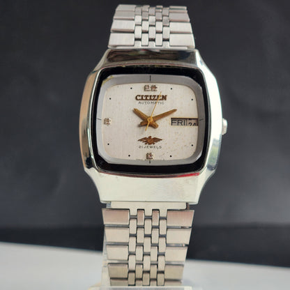 Vintage 1975 Original Citizen Automatic 8200 Silver Face 21 Jewels Day-Date Japanese Men's Wrist Watch EG185