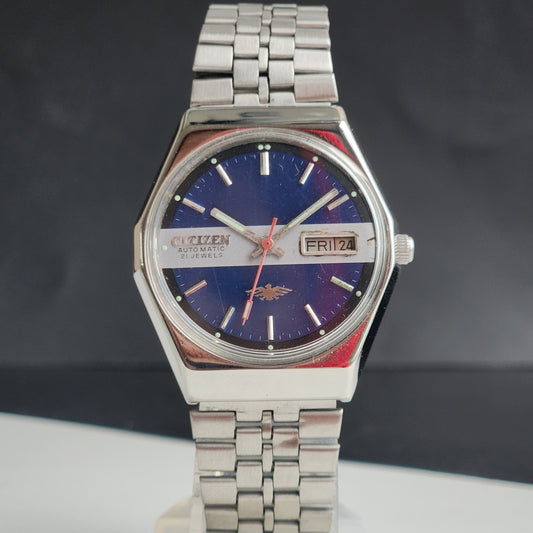 Vintage 1976 Original Citizen Automatic 8200 Blue Face 21 Jewels Day-Date Japanese Men's Wrist Watch EG194