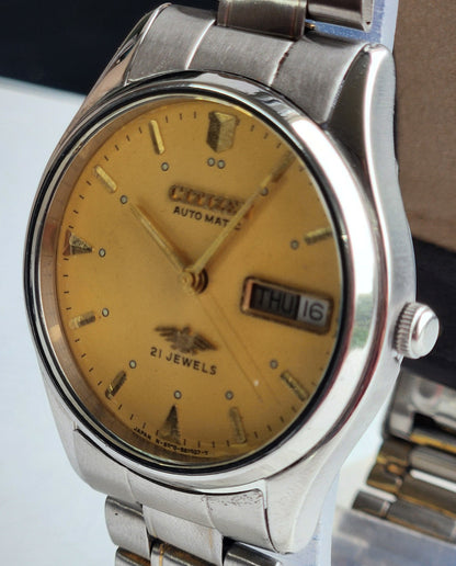 Vintage 1978 Original Citizen Automatic 8200 Golden Face 21 Jewels Day-Date Japanese Men's Wrist Watch EG195