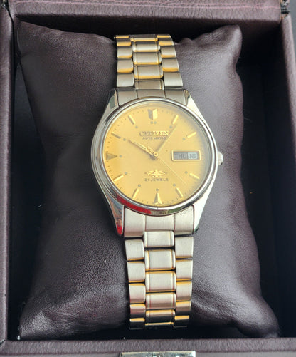 Vintage 1978 Original Citizen Automatic 8200 Golden Face 21 Jewels Day-Date Japanese Men's Wrist Watch EG195