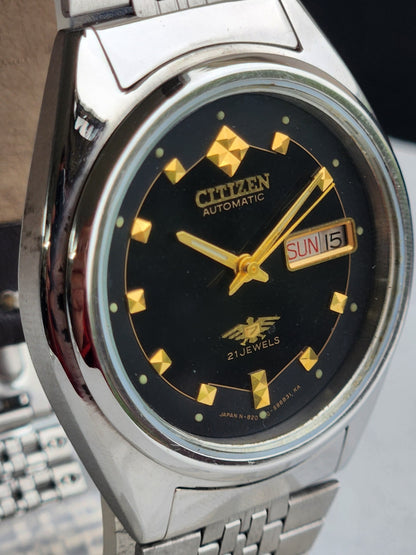 Vintage 1976 Original Citizen Automatic 8200 Black Face 21 Jewels Day-Date Japanese Men's Wrist Watch EG197